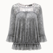 women autumn elegant lace shoulder blouse snow washed graphite gray rayon crinkle fashion top with ruffled cuff and flare bottom